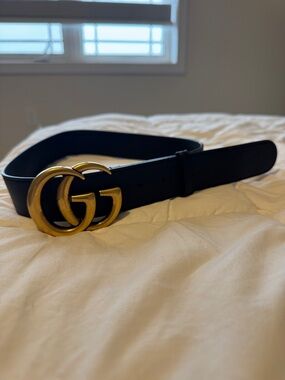 Authentic Gucci Black Leather Belt with Gold Interlocking GG Buckle